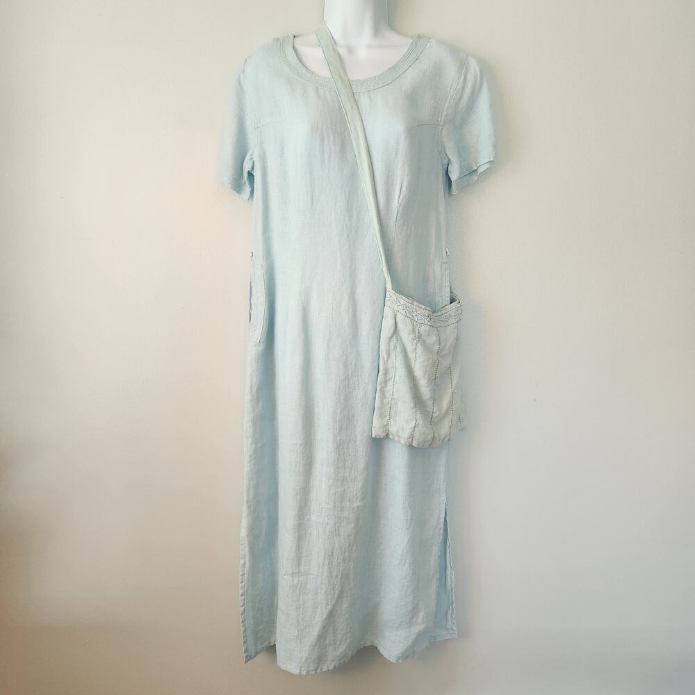 Chelsea Studio Linen Dress & Crossbody Pouch Women 8 Blue Maxi Coastal Boho Chic